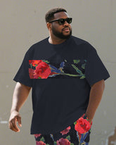Men's Plus Size Street Dark Blue Patchwork Graffiti Floral Print Round Neck Short Sleeve T-Shirt Shorts Suit